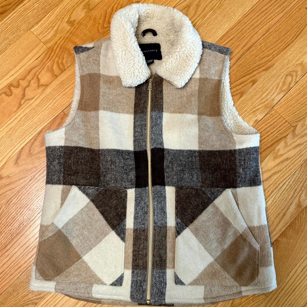 Sanctuary Womens Plaid Faux Shearling Lined Zip Up Vest Tan Cream Grey Medium